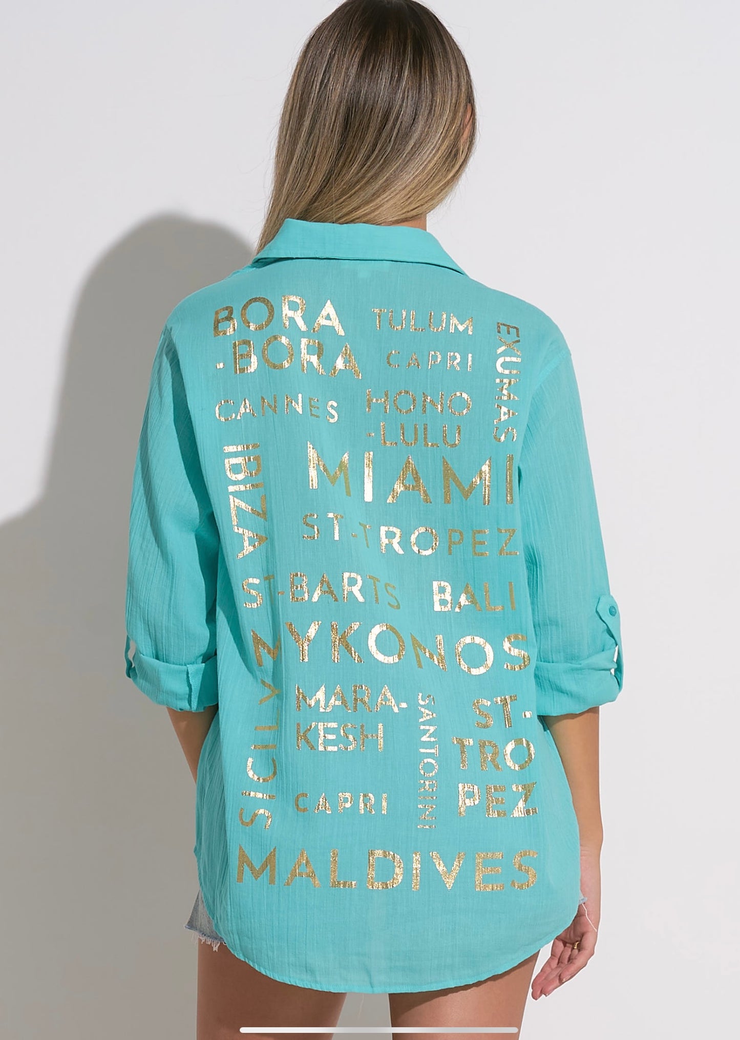 Button Down Destination Top-Aqua