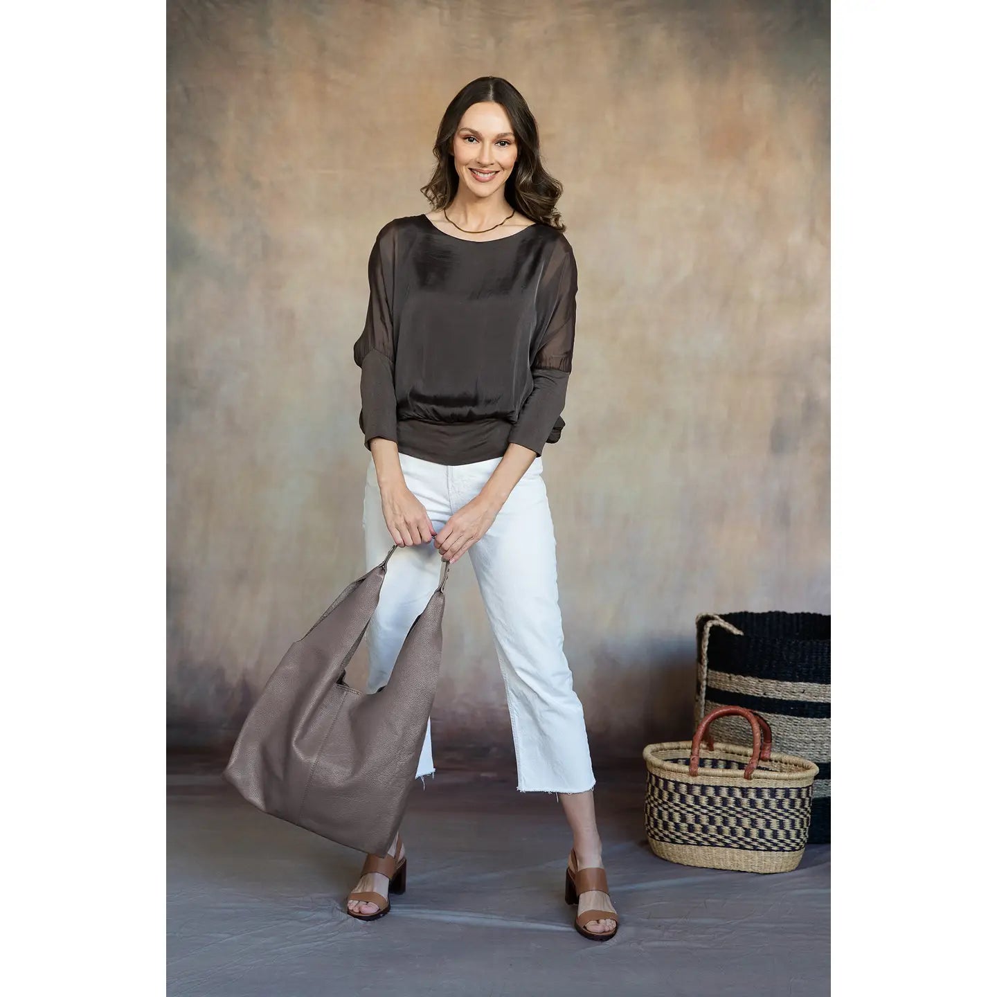 Leather Hobo Tote Bag-Taupe