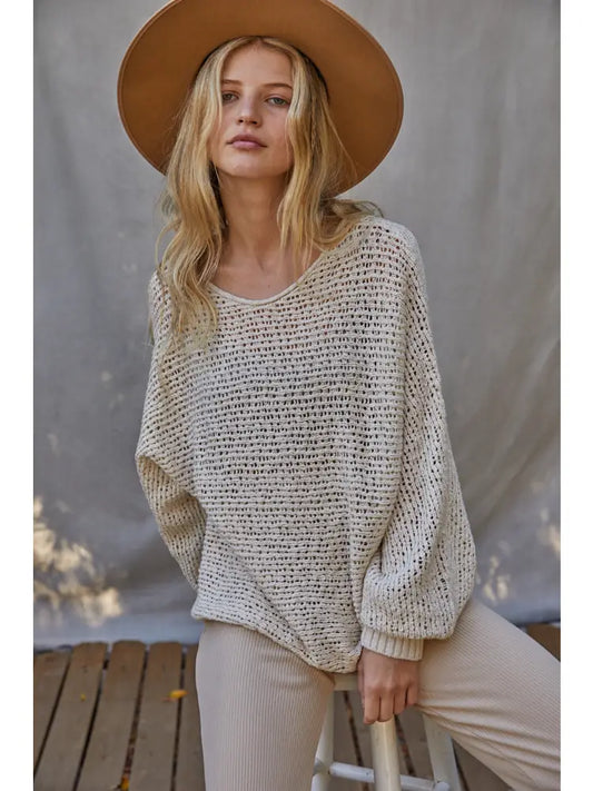 Knit Sweater Crochet Round Neck Long Sleeve Top-Natural