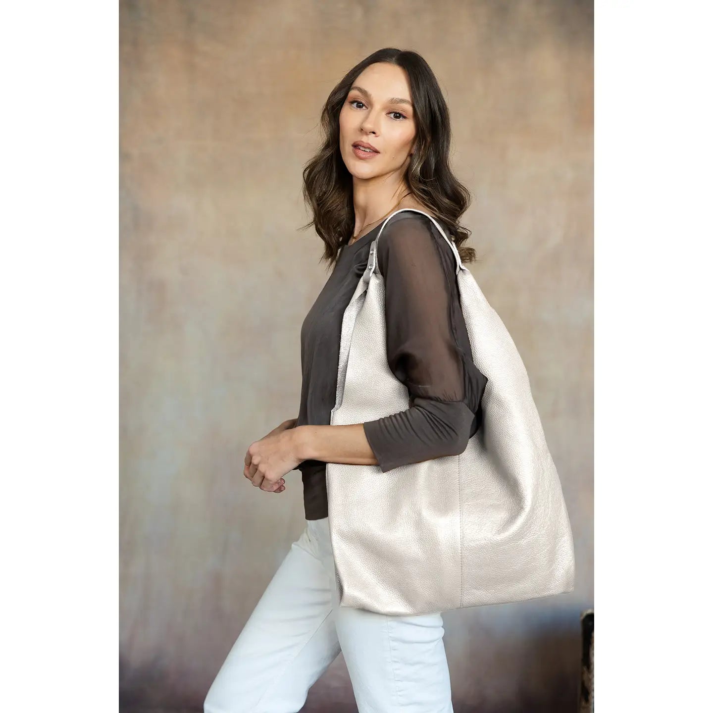 Leather Hobo Tote Bag-Light Beige