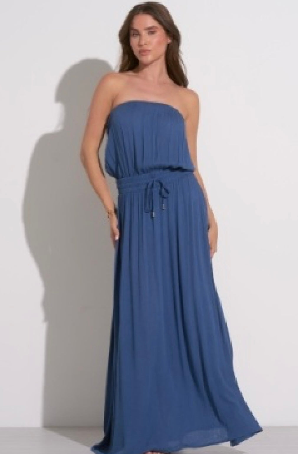 Maxi Strapless w/Smocked Waist Dress-Dark Blue