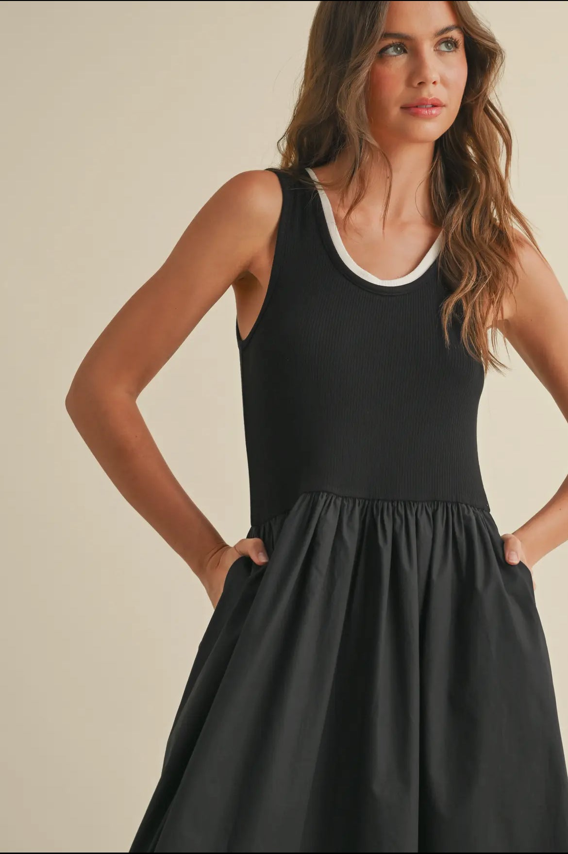 Ribbed Top Woven Skirt Combo Dress-Black/Black