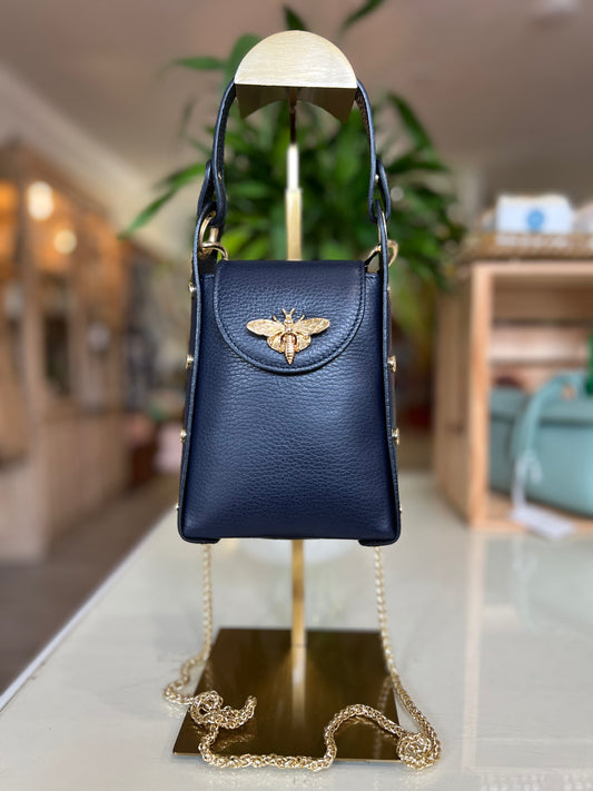 Leather Bee Clutch & Crossbody-Navy Blue