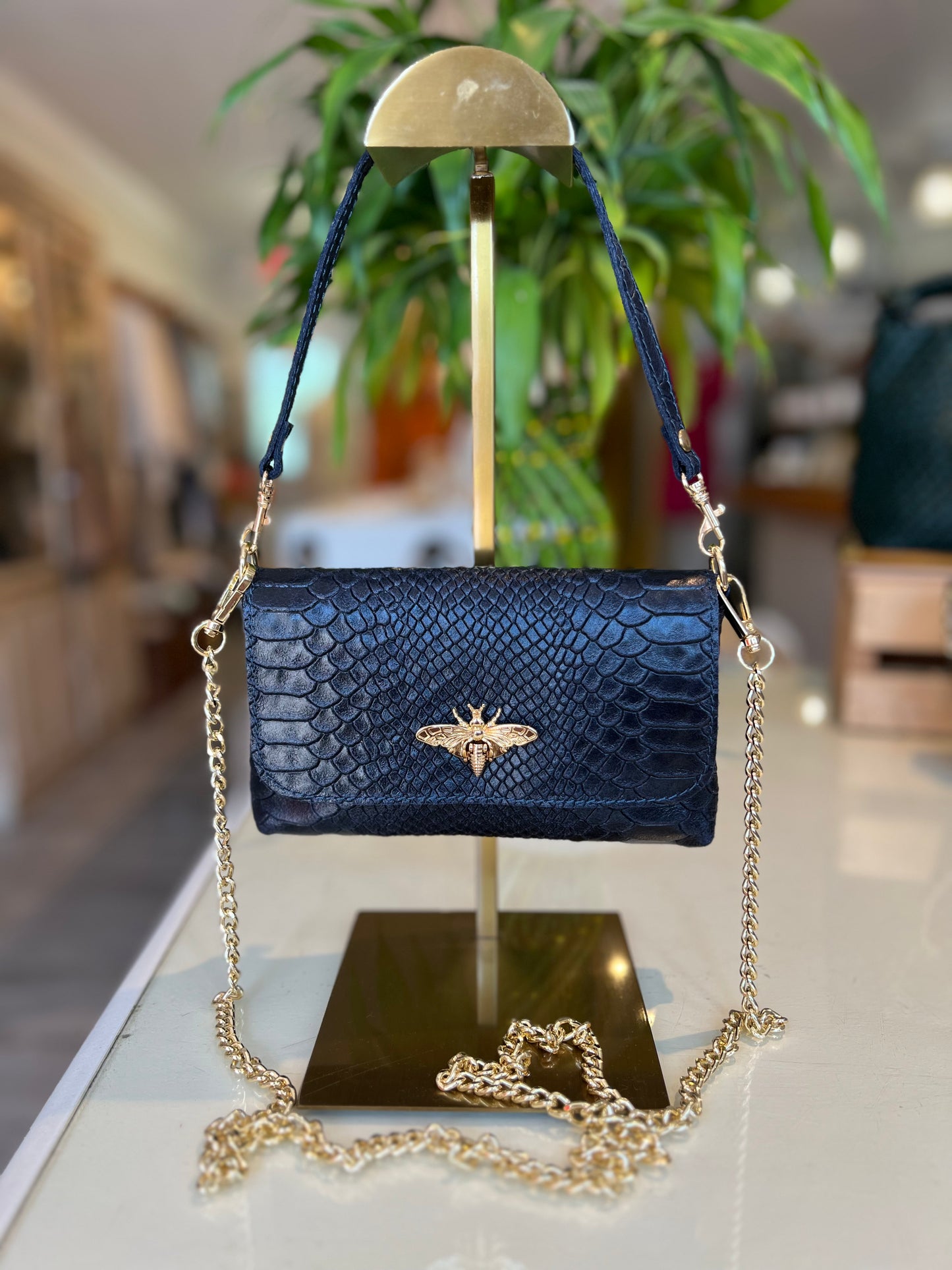 Croc Leather Bee Crossbody-Navy Blue