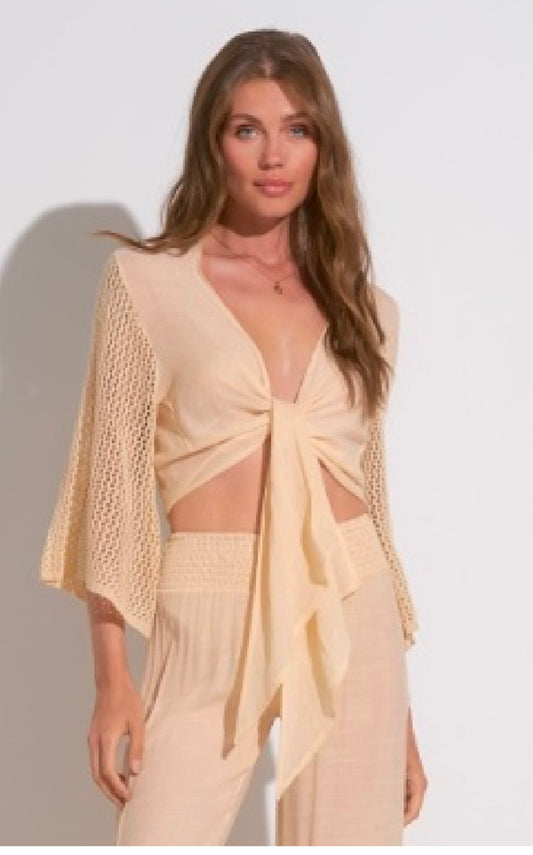 Tie Front Long Sleeve Halter Top-Natural