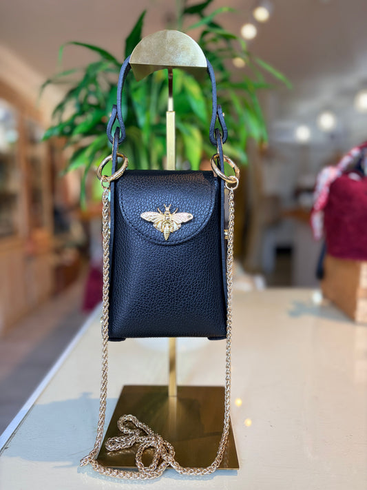 Italian Leather Bee Clutch & Crossbody-Black
