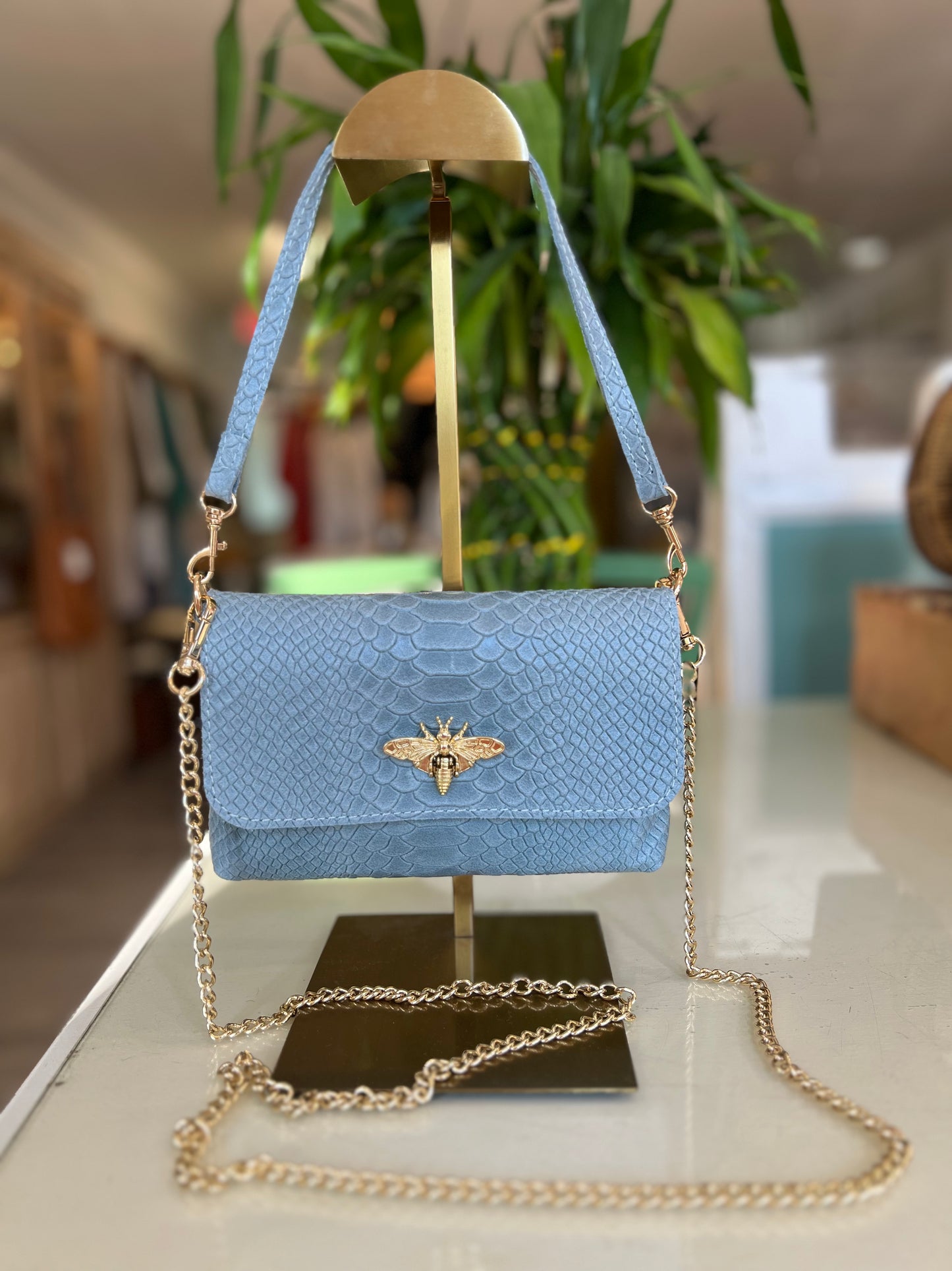 Croc Leather Bee Crossbody-Blue
