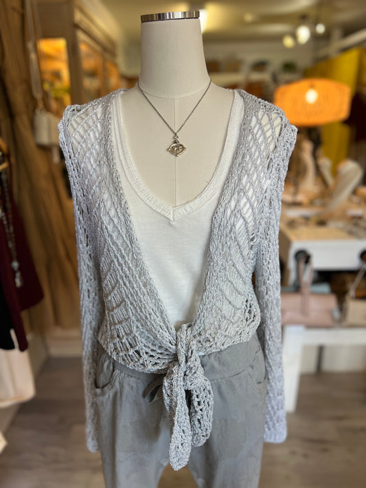 Crochet Cardigan Tie Front-Silver