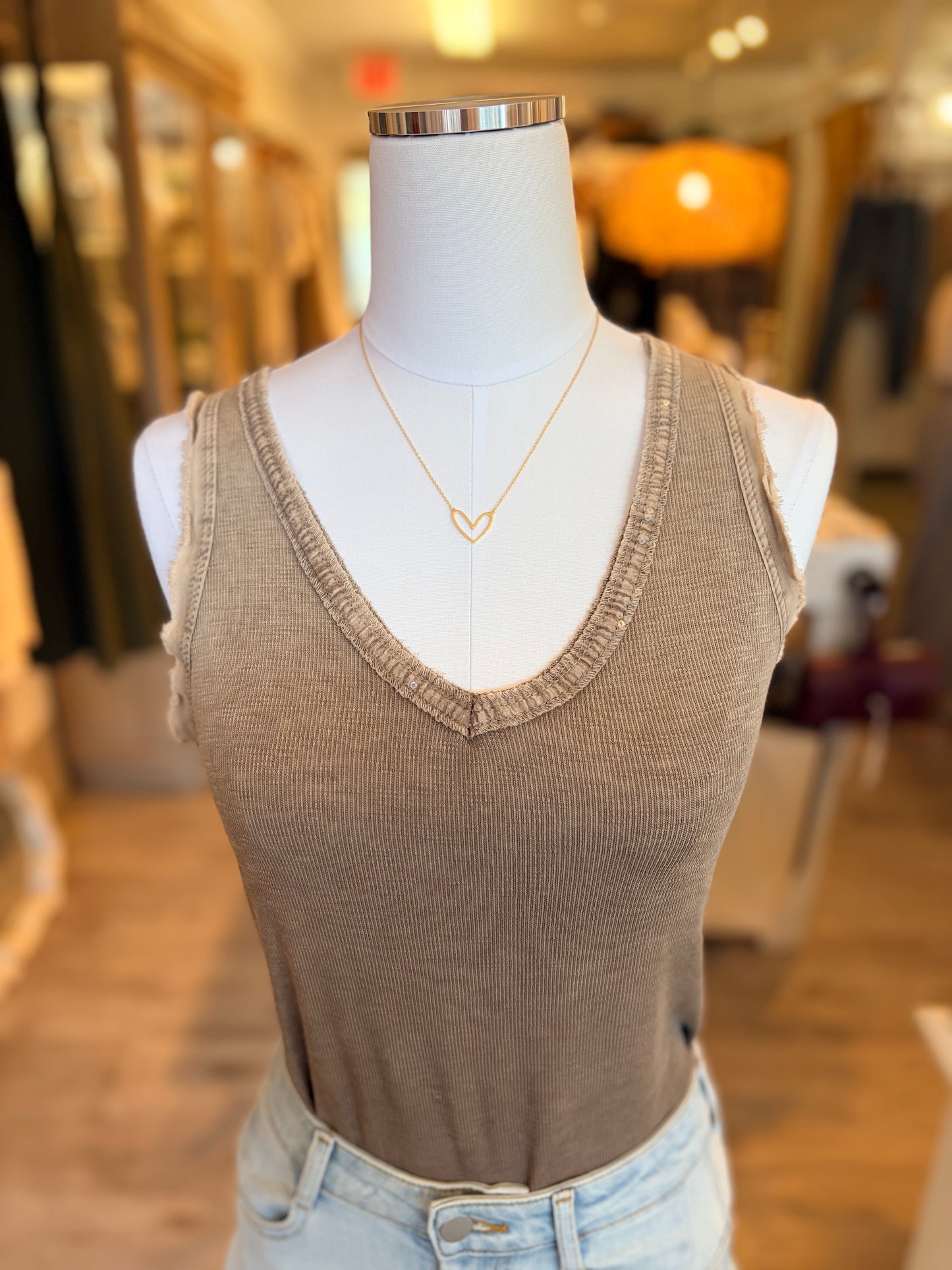 Sequin V-Neck Tank-Taupe