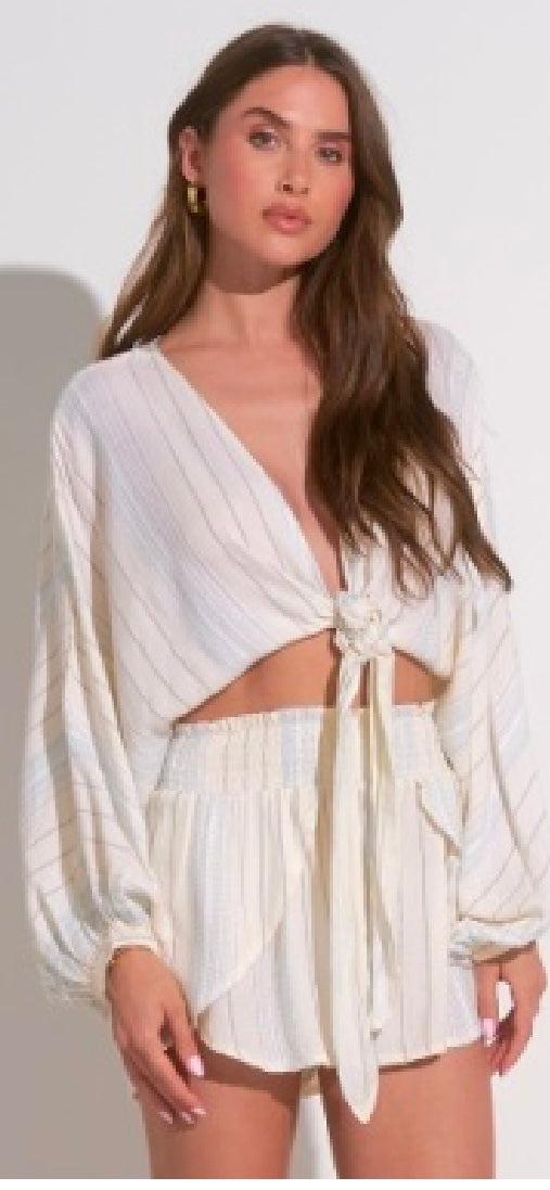 Long Sleeve Tie Front Top-Ivory/Blue Stripe