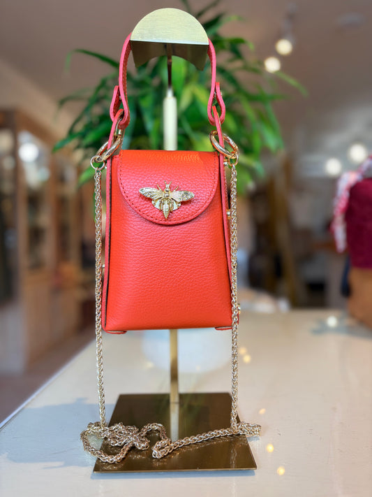 Italian Leather Bee Clutch & Crossbody-Orange