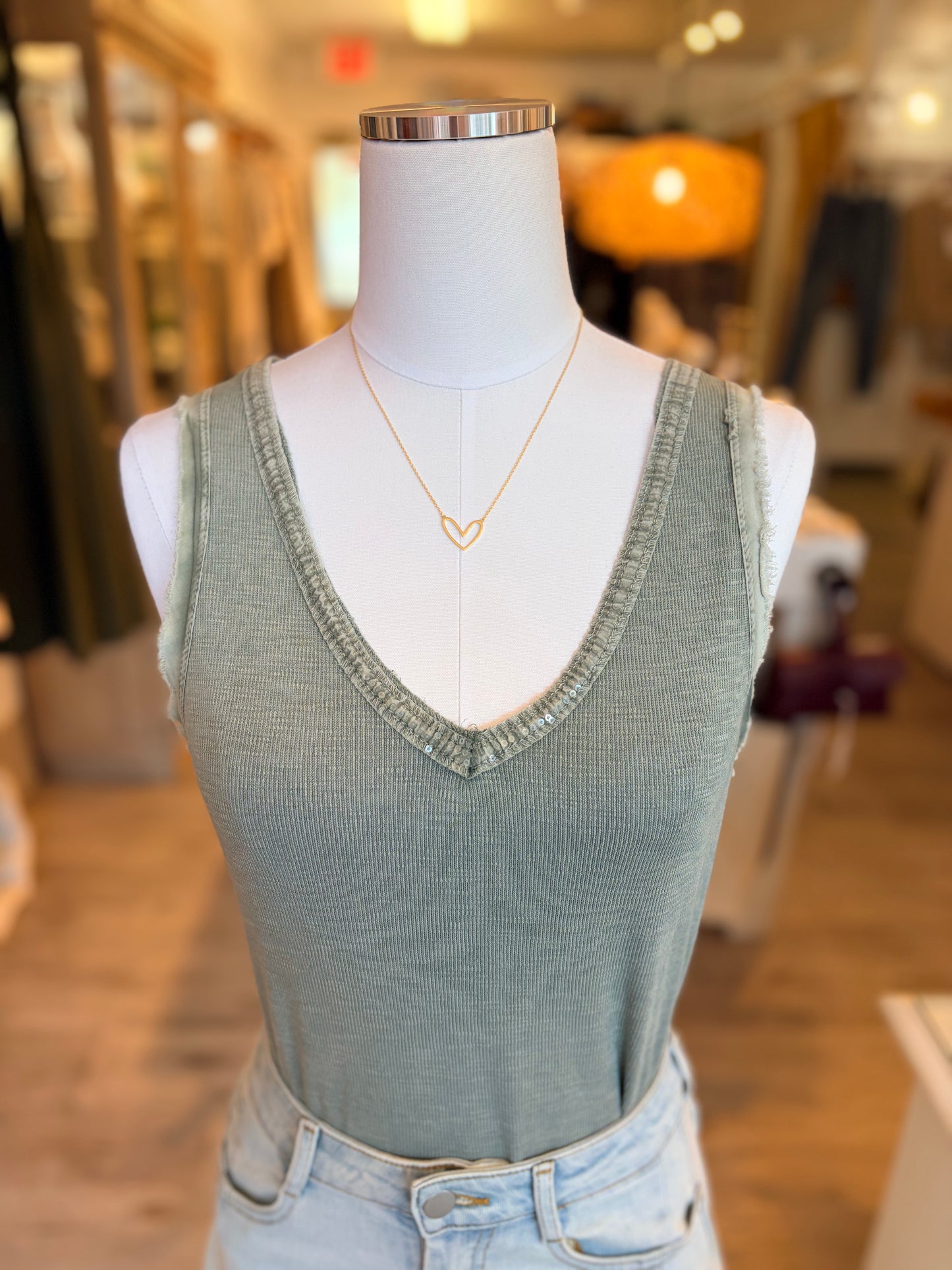 Sequin V-Neck Tank-Sage