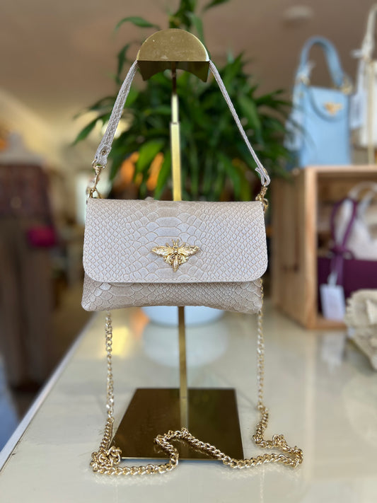 Croc Leather Bee Crossbody-Beige