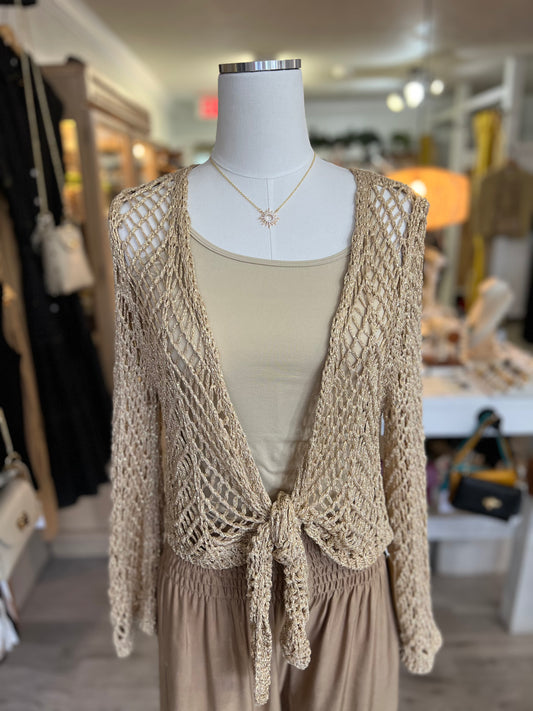 Crochet Cardigan Tie Front-Gold