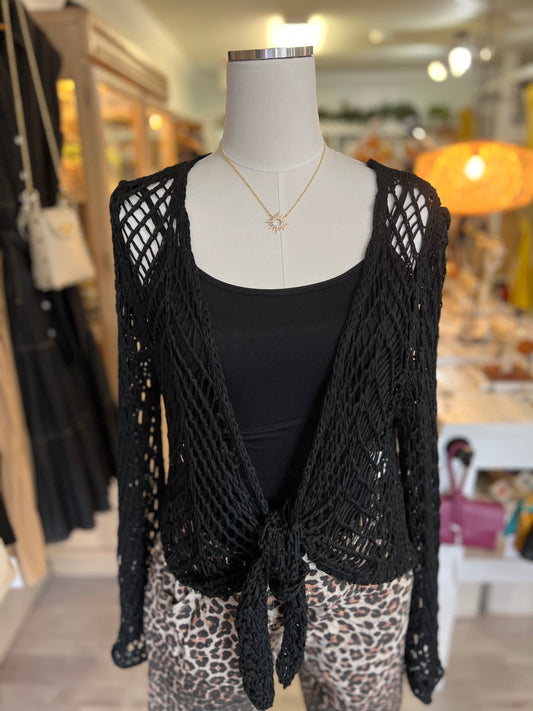Crochet Cardigan Tie Front-Black