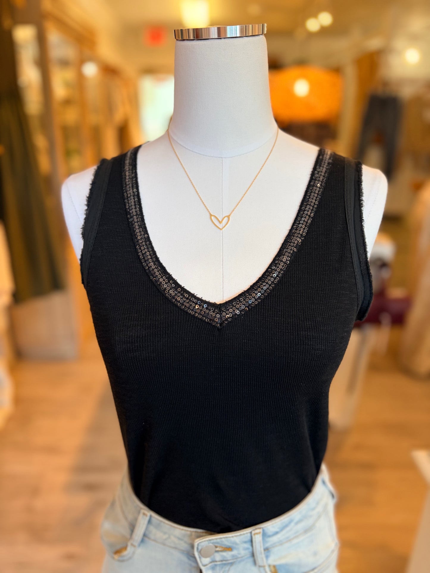 Sequin V-Neck Tank-Black