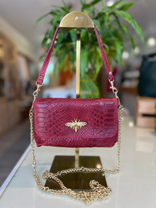 Croc Leather Bee Crossbody-Burgundy