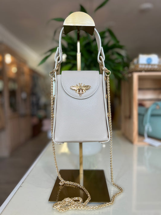 Italian Leather Bee Clutch& Crossbody-Ivory