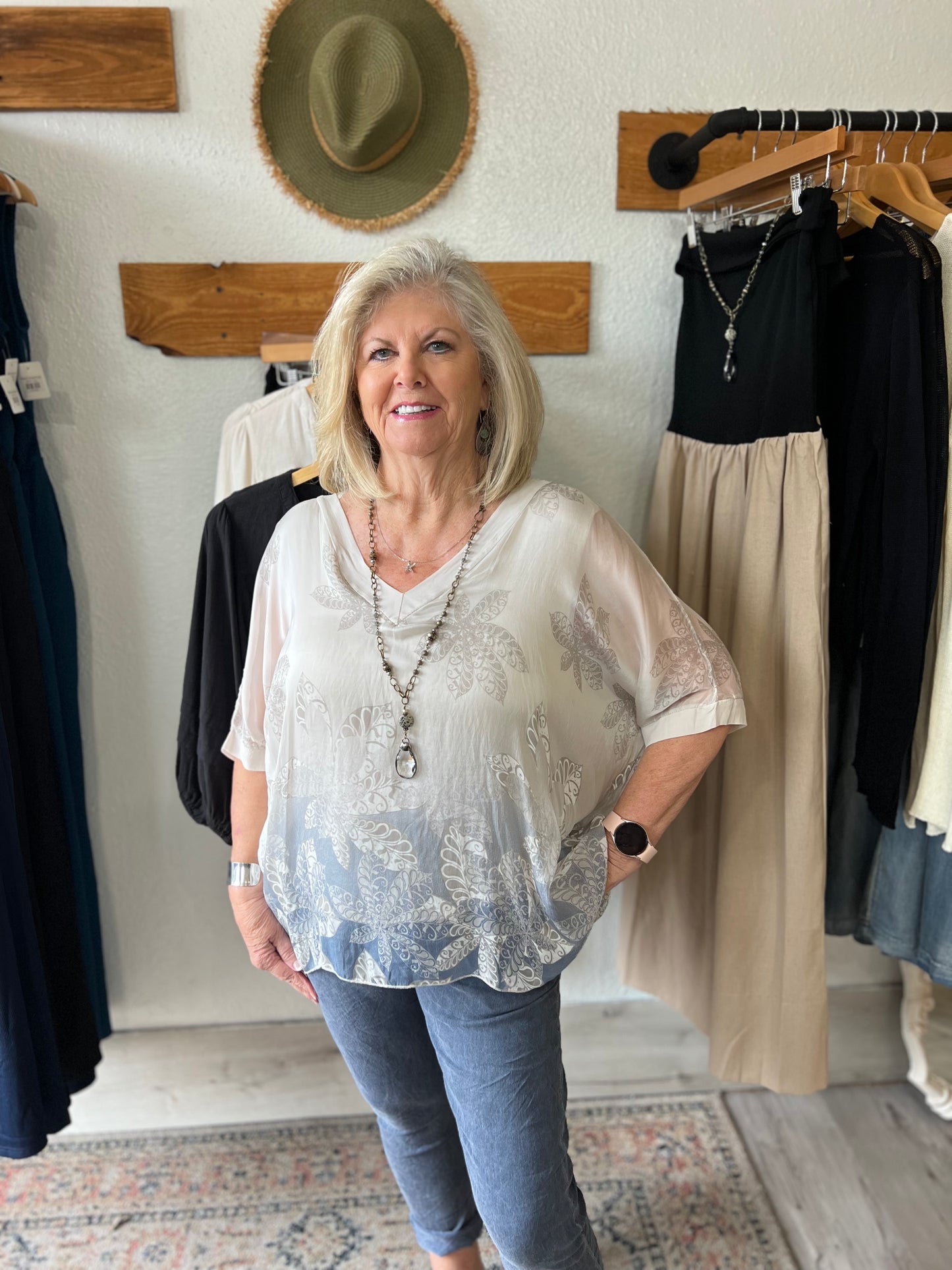 V-Neck Silk Print Top-Beige Print
