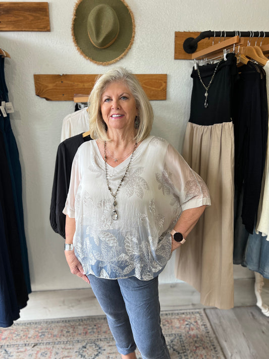 V-Neck Silk Print Top-Beige Print