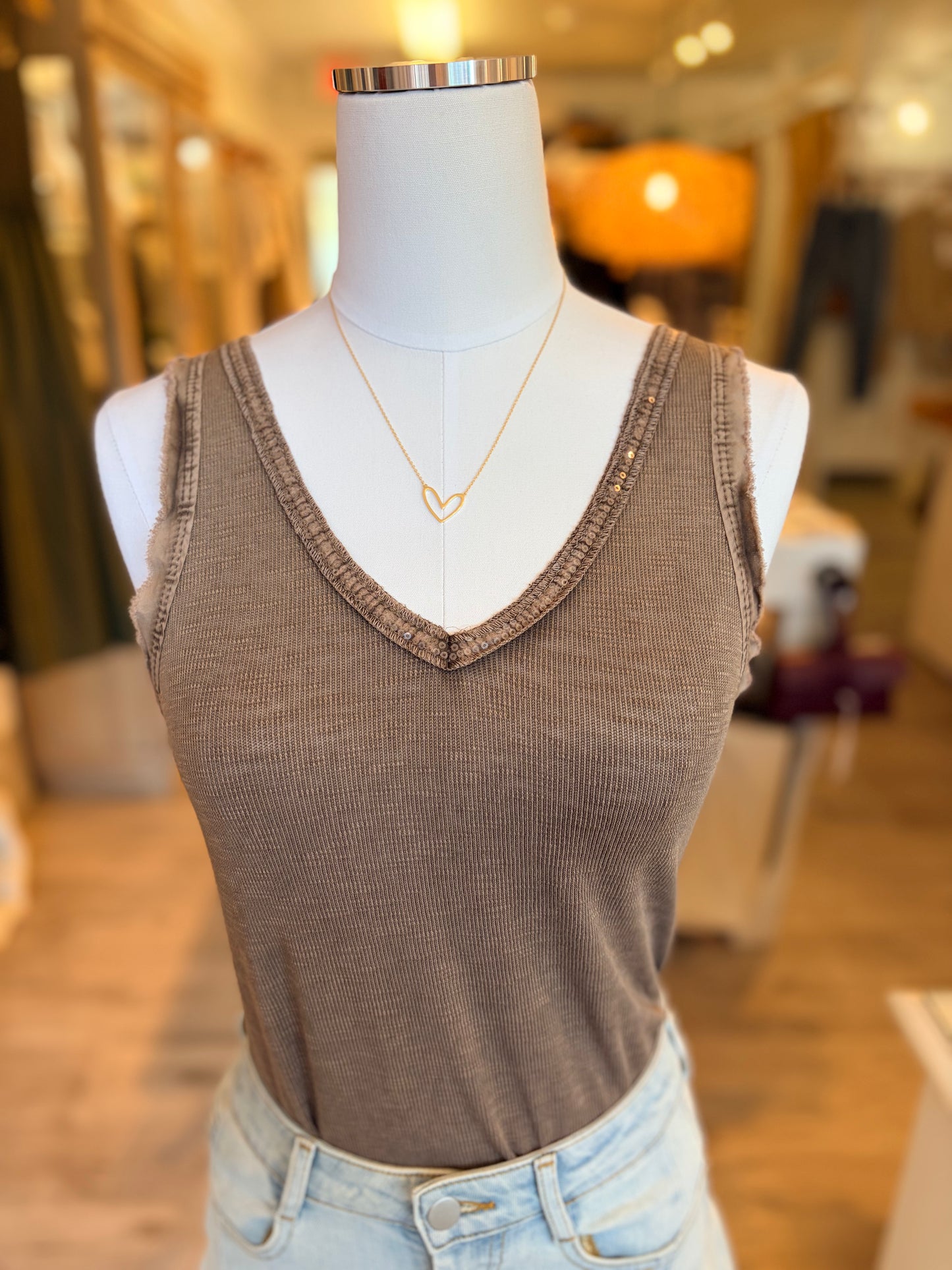 Sequin V-Neck Tank-Brown