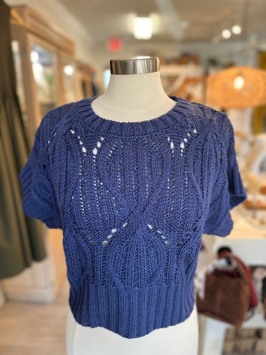 Sweater Knit Crochet Round Neck Short Sleeve Top-Navy