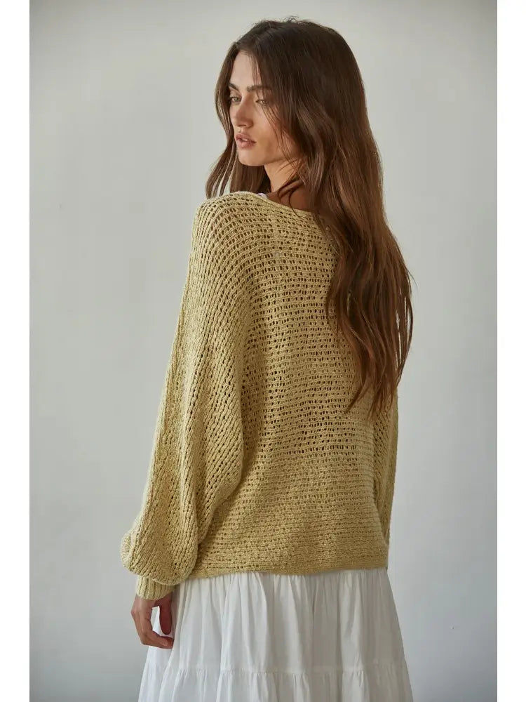 Knit Sweater Crochet Round Neck Long Sleeve Top-Dusty Lemon