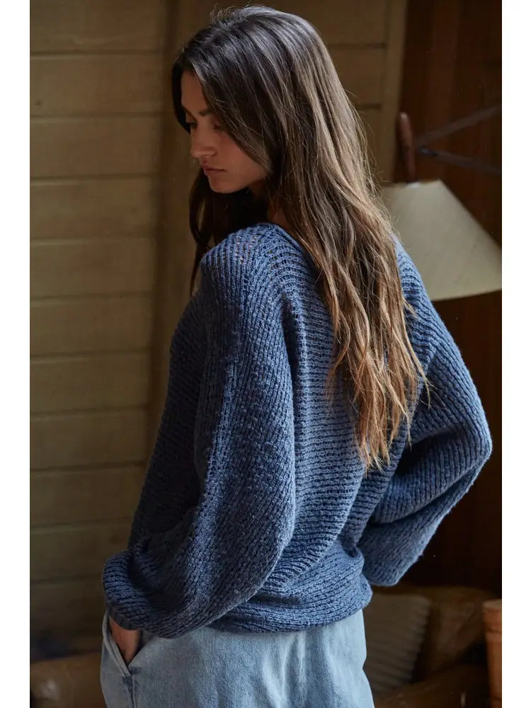 Knit Sweater Crochet Round Neck Long Sleeve Top-Navy