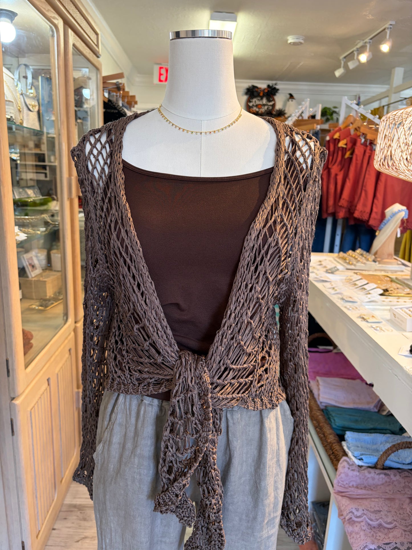 Crochet Tie Front Top-Chocolate
