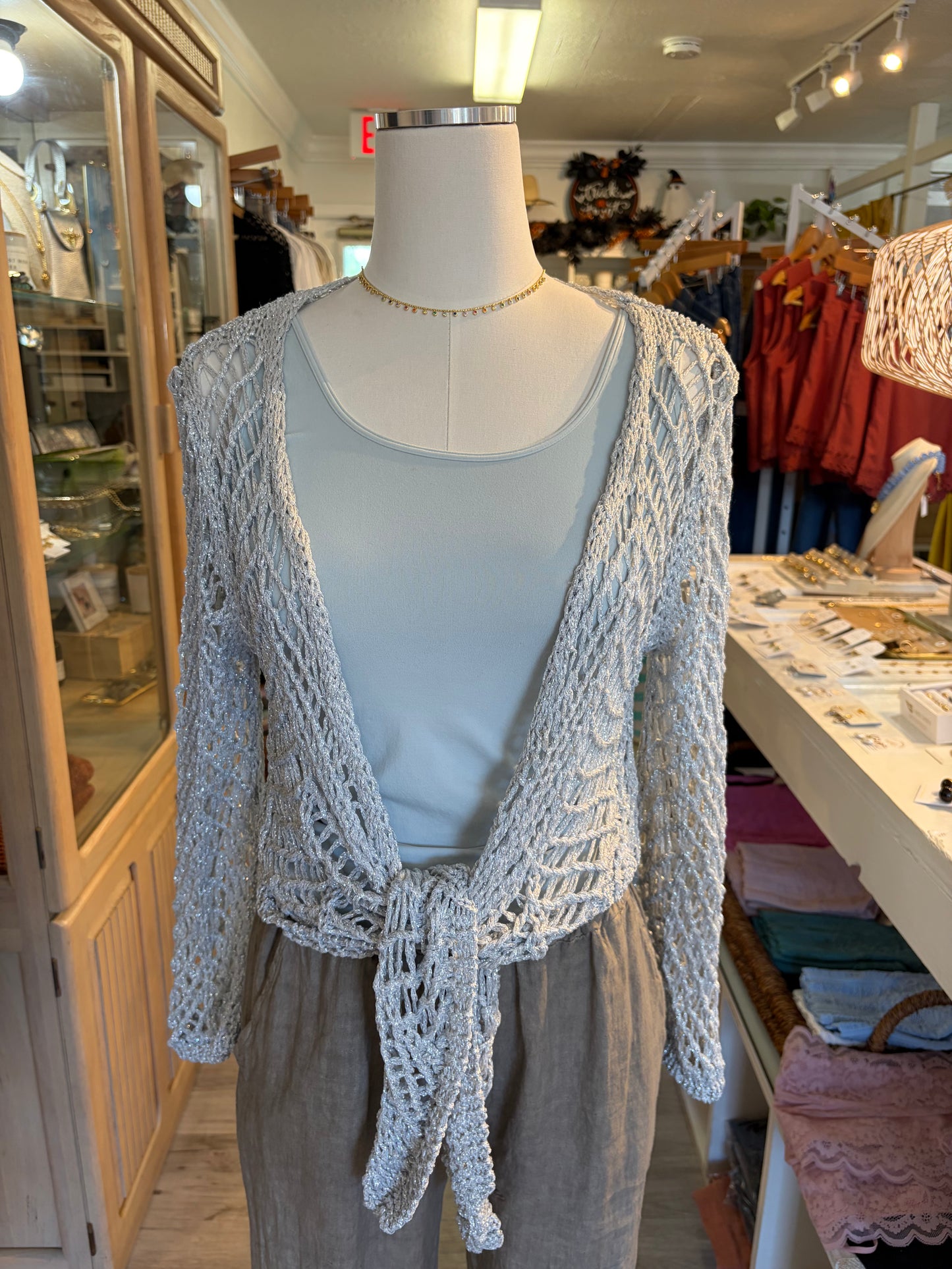 Crochet Tie Front Top-Glitter Silver