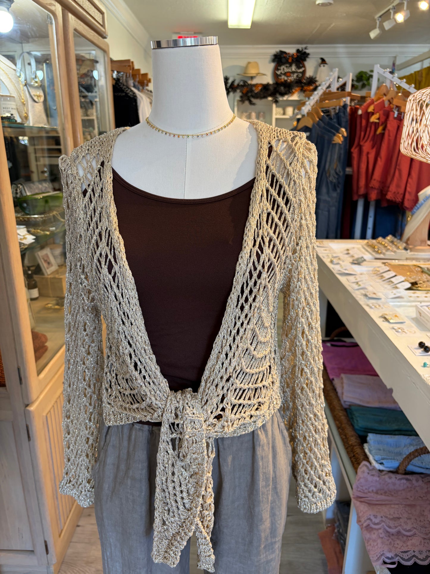 Crochet Tie Front Top-Glitter Gold