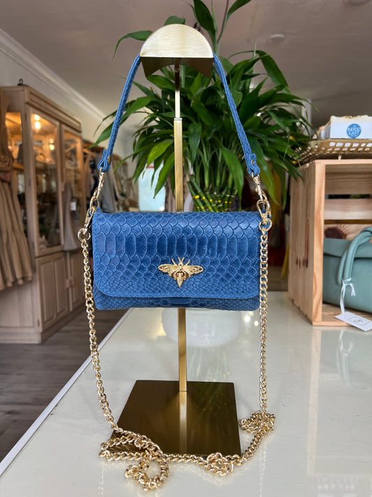 Croc Leather Bee Crossbody-Denim Blue