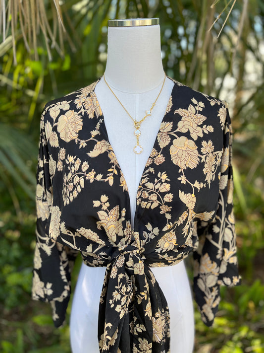Willow Silk Kimono Top-Black/Private Jet