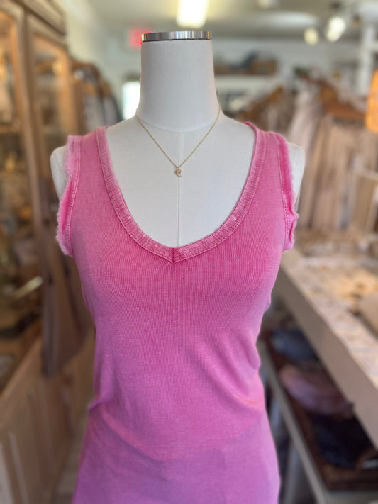Sequin V-Neck Tank-Fushia