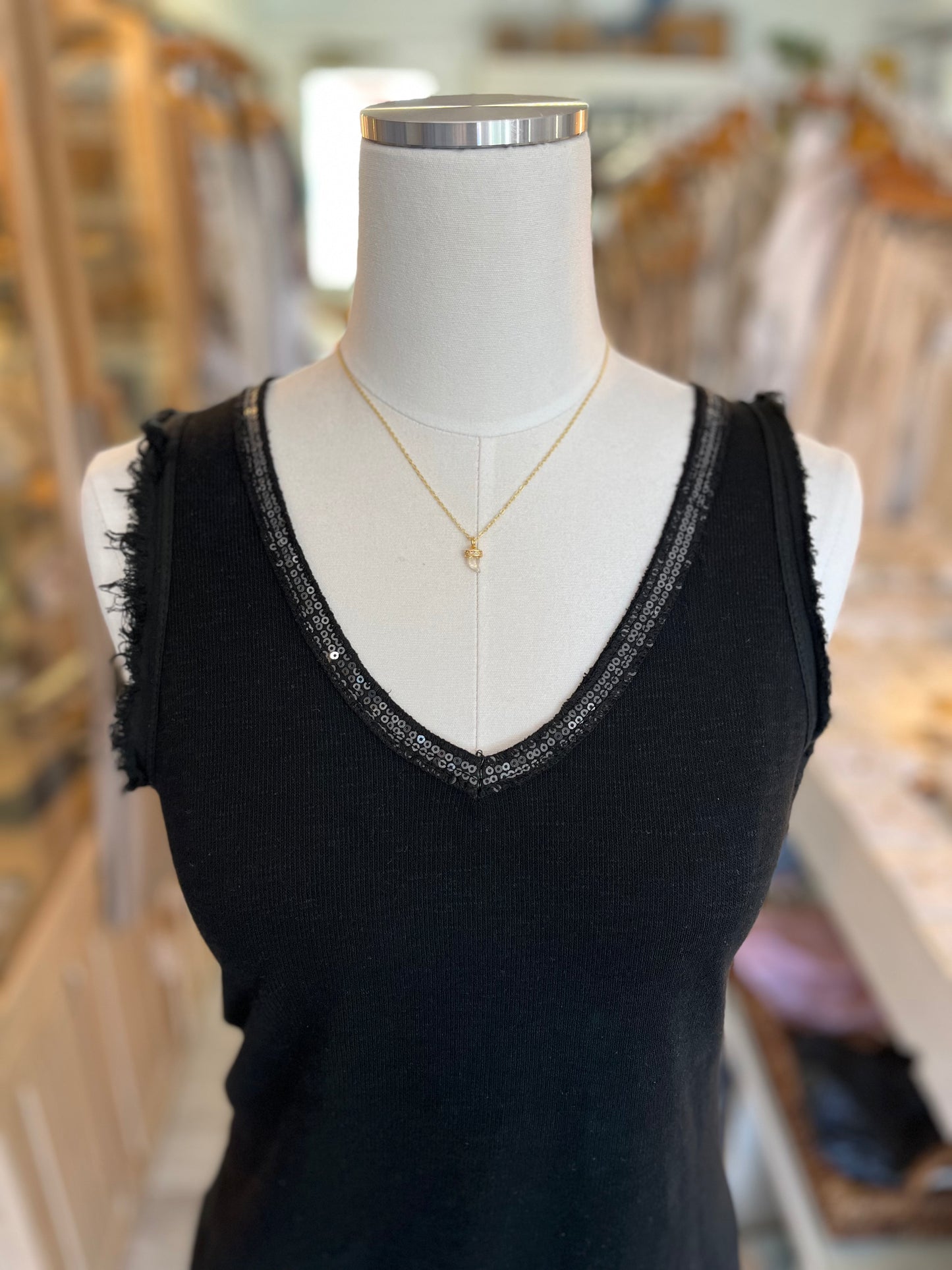 Sequin V-Neck Tank-Black