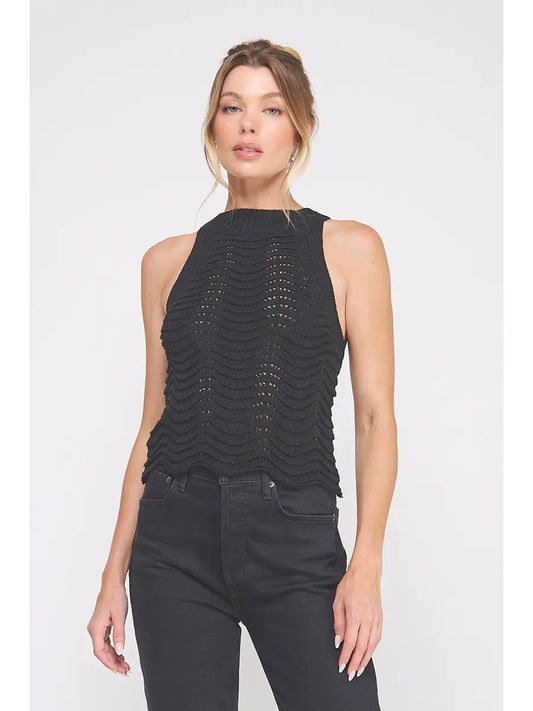 Wavy & Scallop Patterned Knit Halter Top-Black