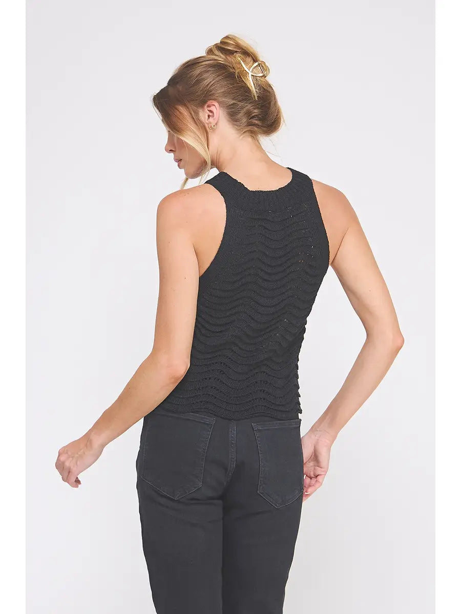 Wavy & Scallop Patterned Knit Halter Top-Black