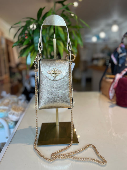 Italian Leather Clutch & Crossbody Bee Bag-Gold