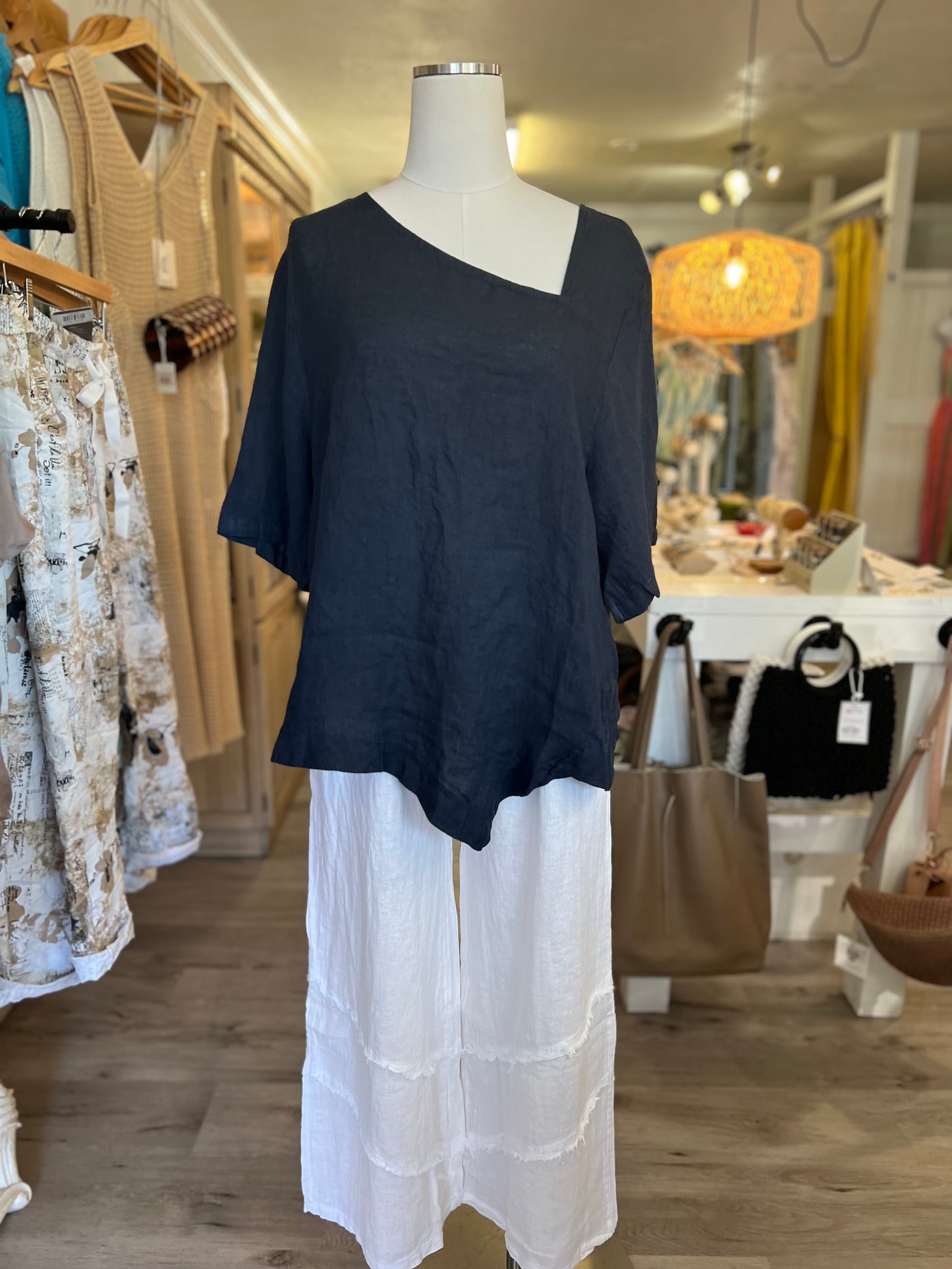 Italian Linen Frill Trim Palazzo Pants/White