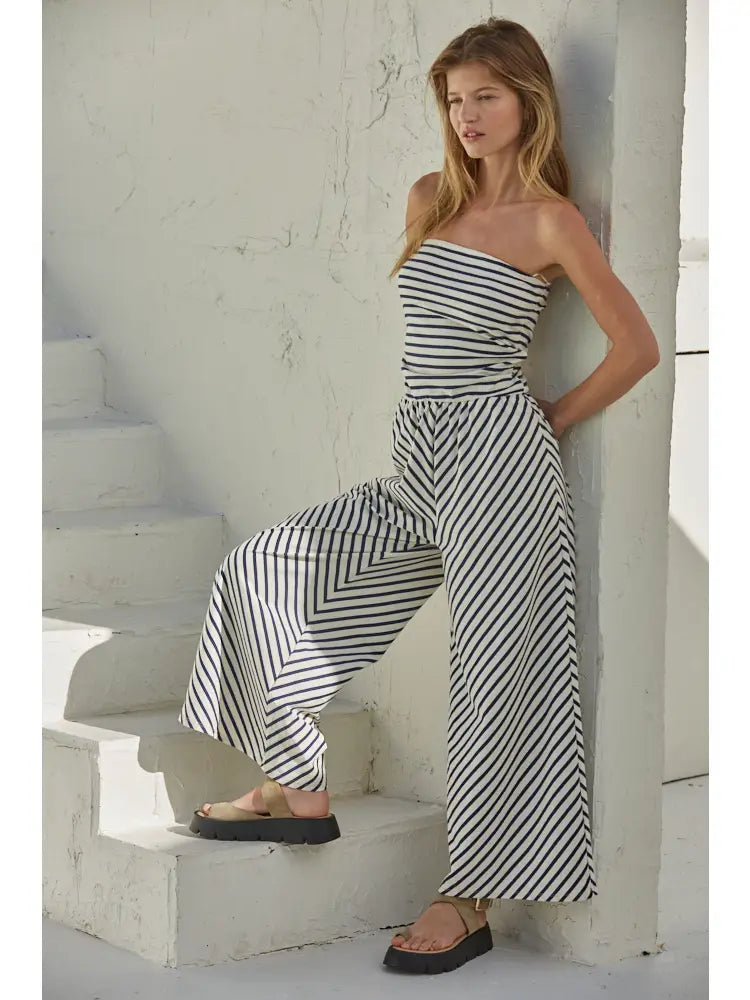 Knit Cotton Spandex Stripe Tube StraplessJumpsuit-Cream/Navy
