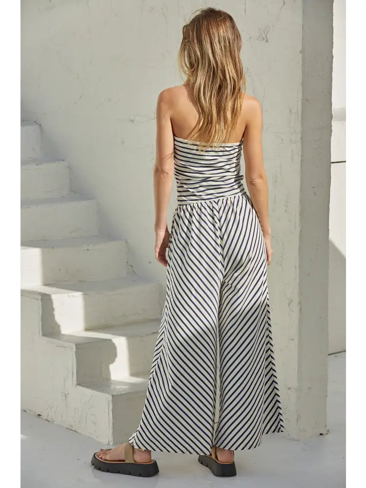 Knit Cotton Spandex Stripe Tube StraplessJumpsuit-Cream/Navy