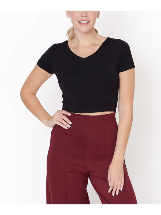 Bamboo Double Front V Neck Crop-Black