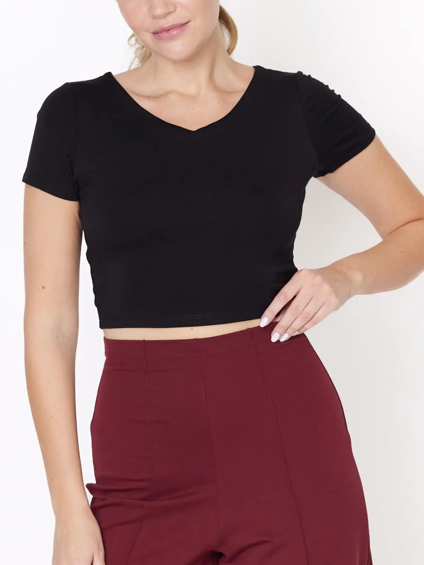 Bamboo Double Front V Neck Crop-Black