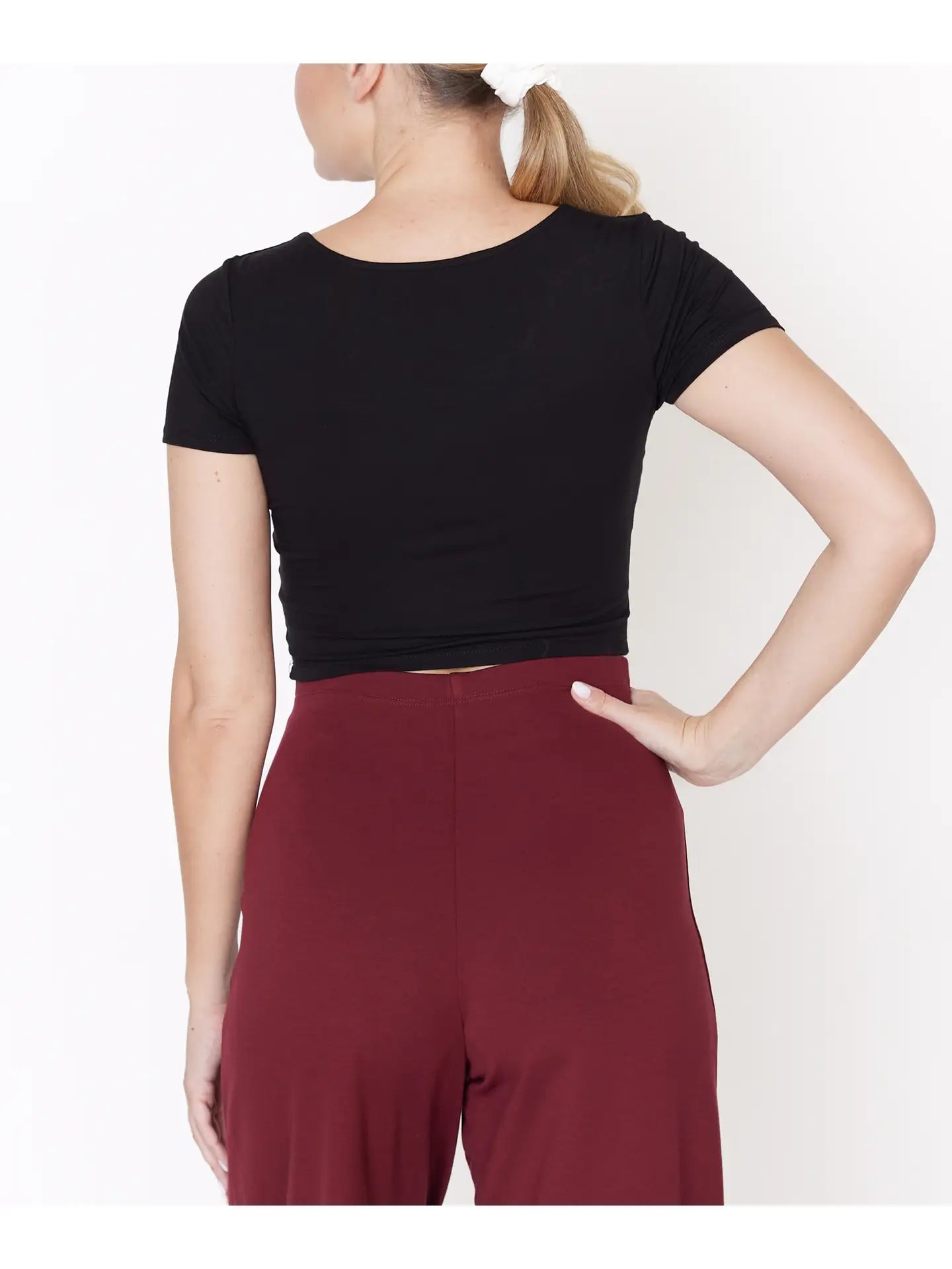Bamboo Double Front V Neck Crop-Black