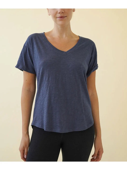 Cotton V Neck Knit Top-Navy