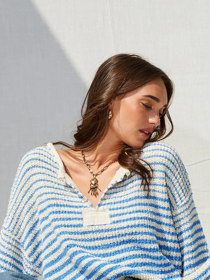 Striped Slouchy Sweater-Ecru/Blue