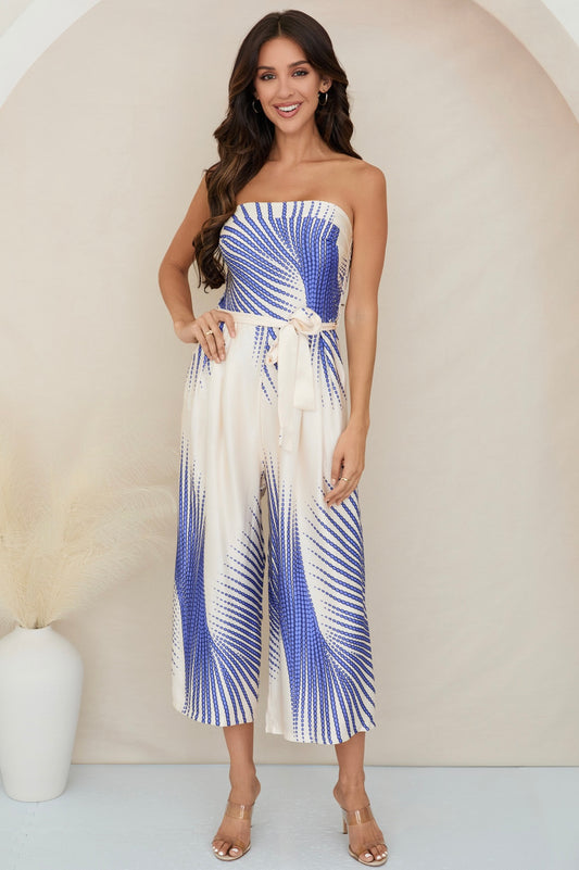 Sunburst Print Strapless Jumpsuit w/Tie Belt-Colbalt Blue