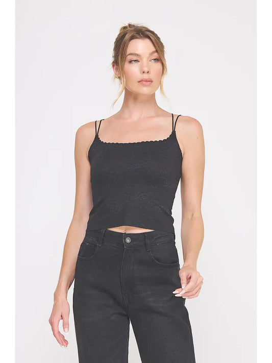 Floral Lace Knit Bralette Cami-Black