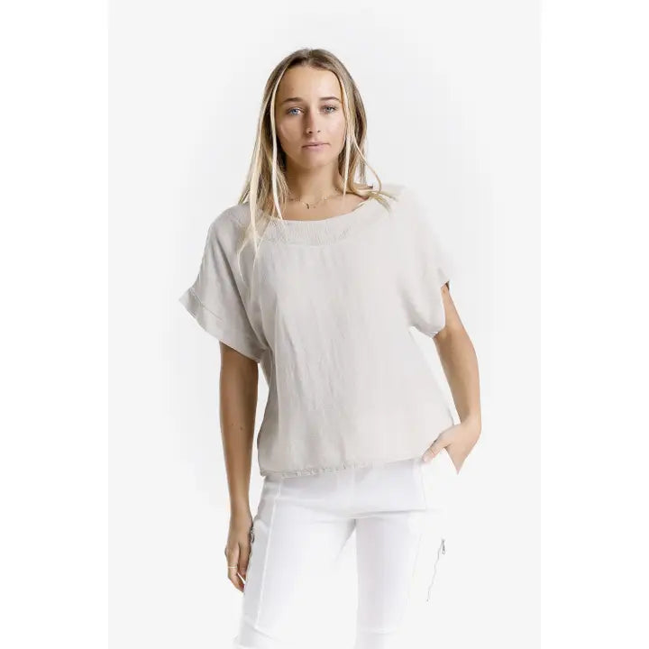 Short Sleeve Yoke Neck Top-Stone
