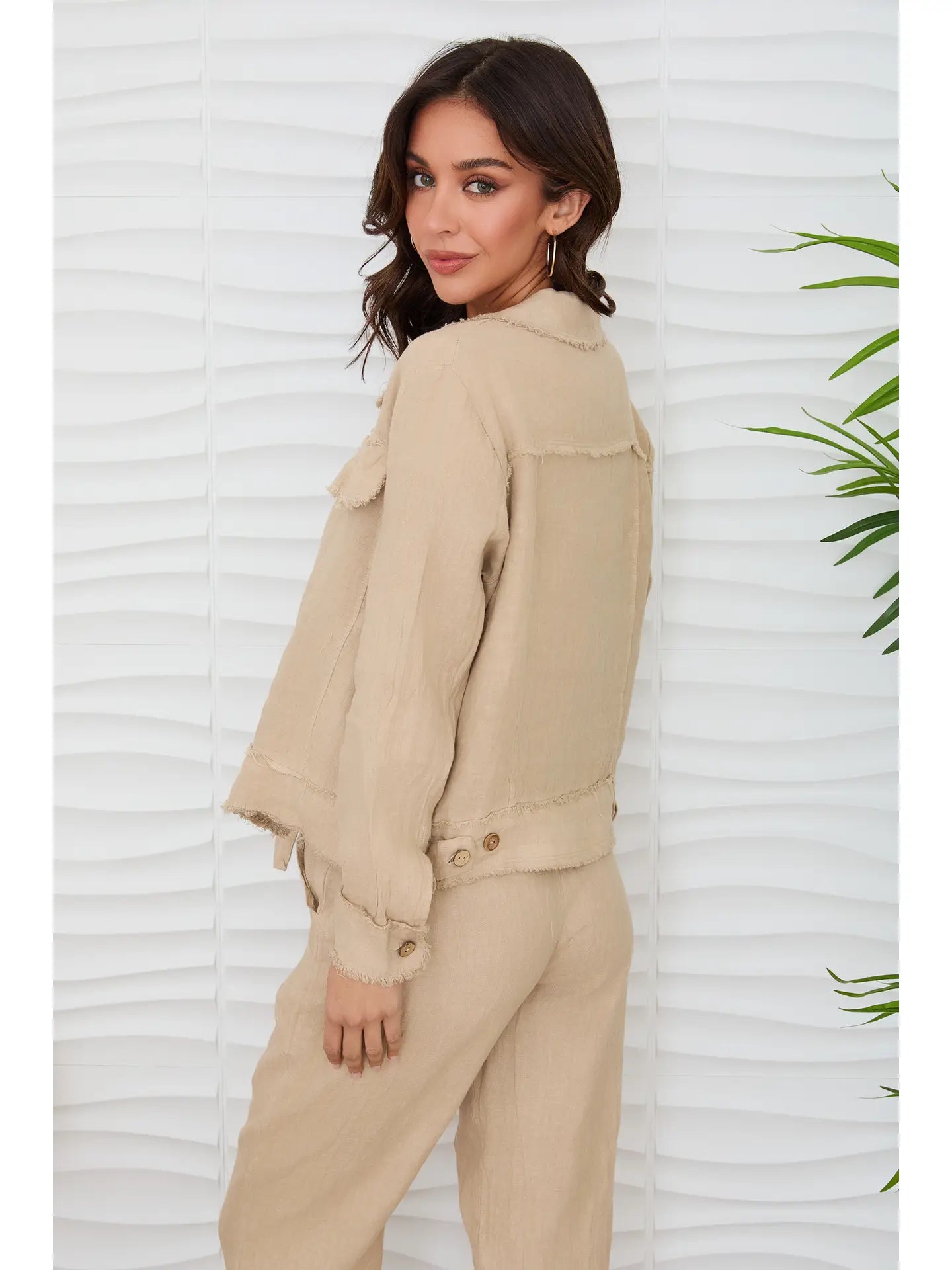 Fringe Hem Button Down Linen Jacket w/Flap Pockets-Earth Beige